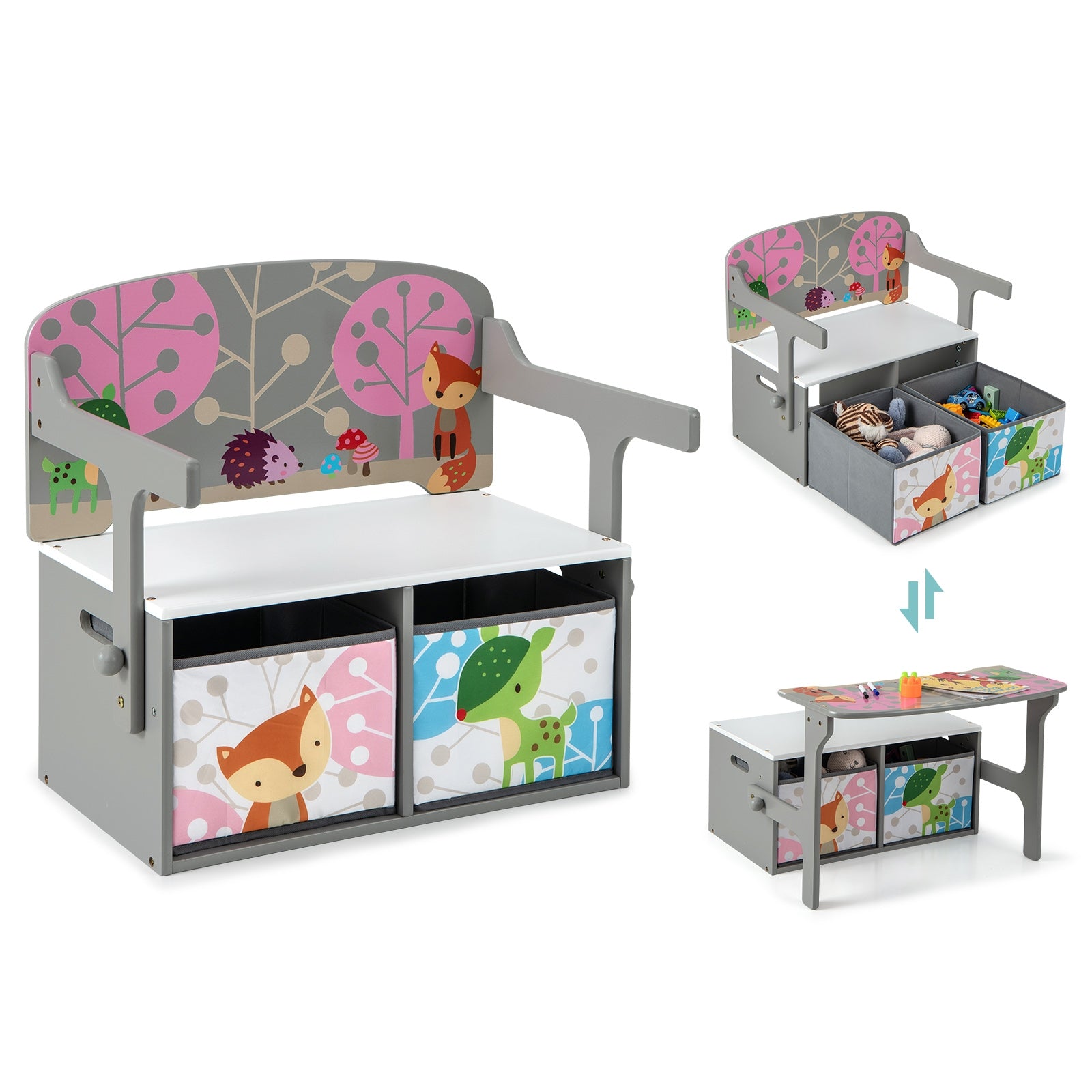 3 in 1 Kids Convertible Activity Bench with 2 Removable Fabric Bins, Gray Kids Chairs & Seating at Gallery Canada