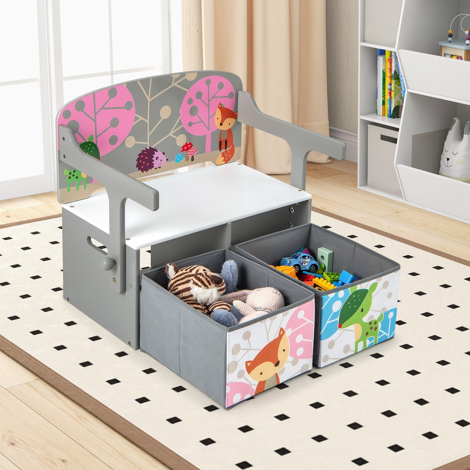 3 in 1 Kids Convertible Activity Bench with 2 Removable Fabric Bins, Gray Kids Chairs & Seating at Gallery Canada