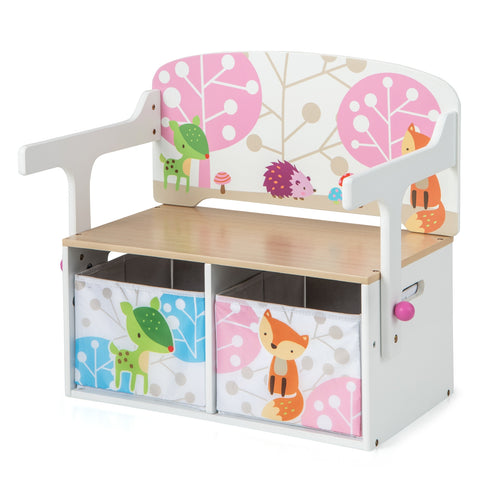 Kids Convertible Activity Bench, 2 Removable Fabric Bins, White