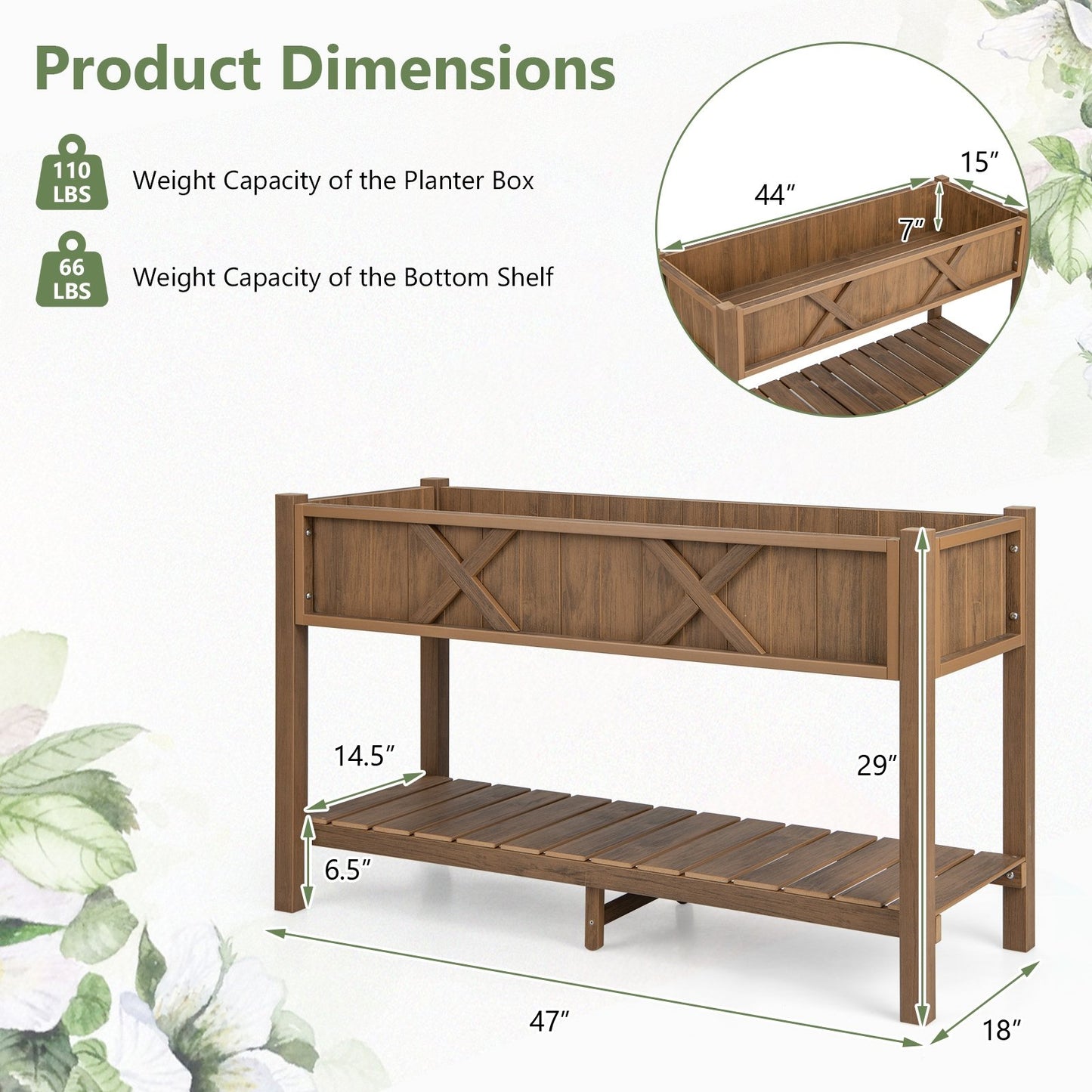 Poly Wood Elevated Planter Box with Legs Storage Shelf Drainage Holes, Coffee