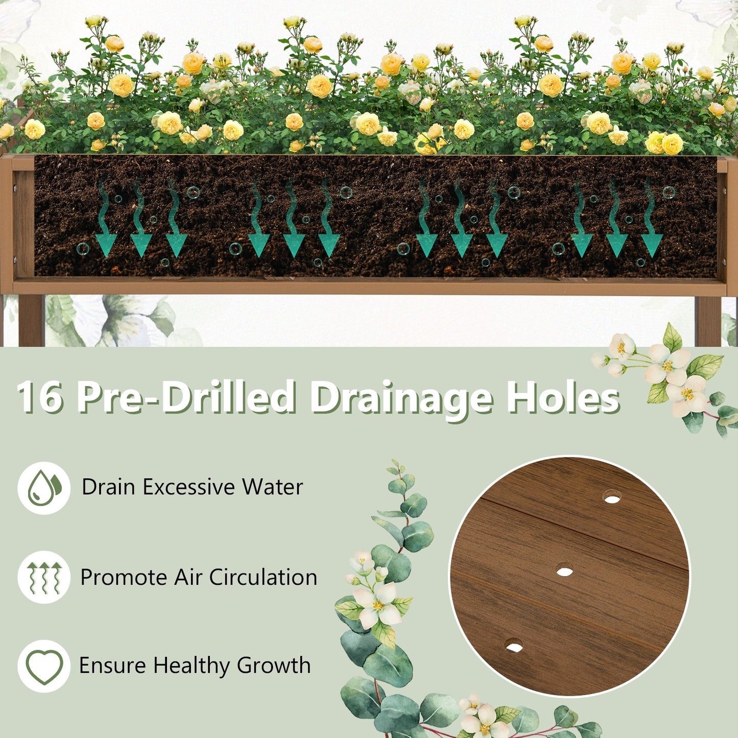 Poly Wood Elevated Planter Box with Legs Storage Shelf Drainage Holes, Coffee