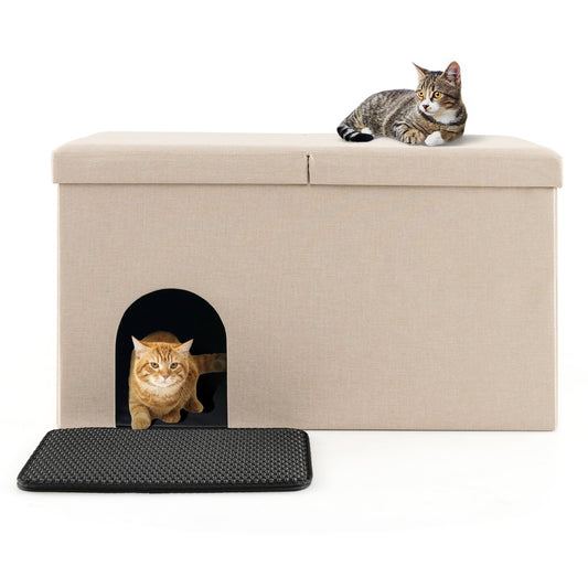 Cat Litter Box Enclosure Hidden Furniture with Urine Proof Litter Mat, Beige