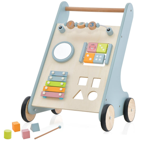Wooden Baby Walker Toddler Push Walker with  Xylophone and Flip Blocks, Blue - Gallery Canada
