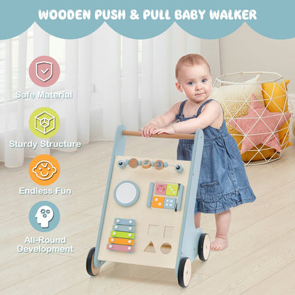 Wooden Baby Walker Toddler Push Walker with  Xylophone and Flip Blocks, Blue