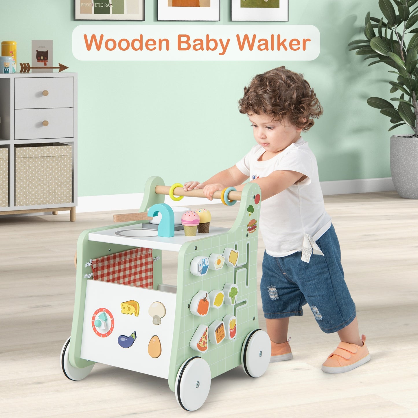 6-in-1 Wooden Baby Stroller with Play Kitchen for Kids Over 12 Months, Green Baby Walkers at Gallery Canada