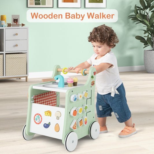 6-in-1 Wooden Baby Stroller with Play Kitchen for Kids Over 12 Months, Green - Gallery Canada