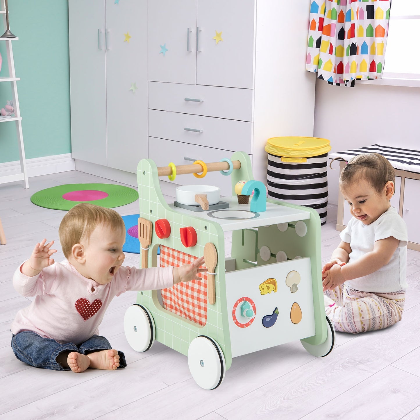 6-in-1 Wooden Baby Stroller with Play Kitchen for Kids Over 12 Months, Green Baby Walkers at Gallery Canada