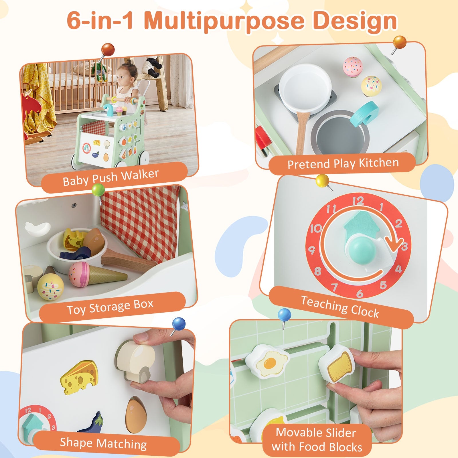 6-in-1 Wooden Baby Stroller with Play Kitchen for Kids Over 12 Months, Green Baby Walkers at Gallery Canada