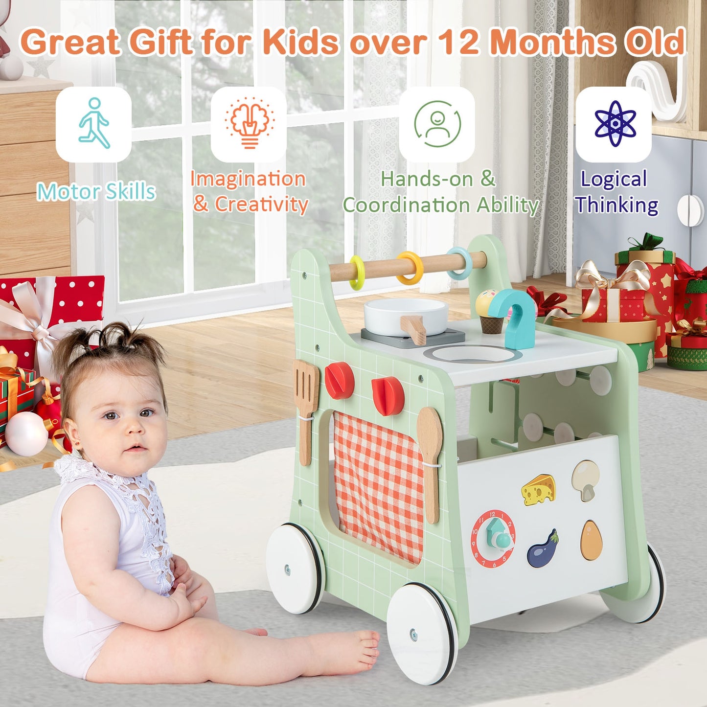 6-in-1 Wooden Baby Stroller with Play Kitchen for Kids Over 12 Months, Green Baby Walkers at Gallery Canada