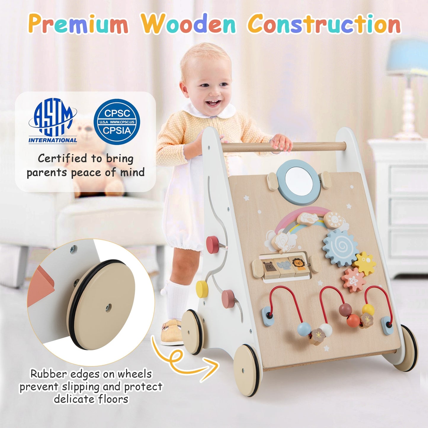 Wooden Baby Walker with Multiple Activities Center for Over 1 Year Old, White Baby Walkers at Gallery Canada