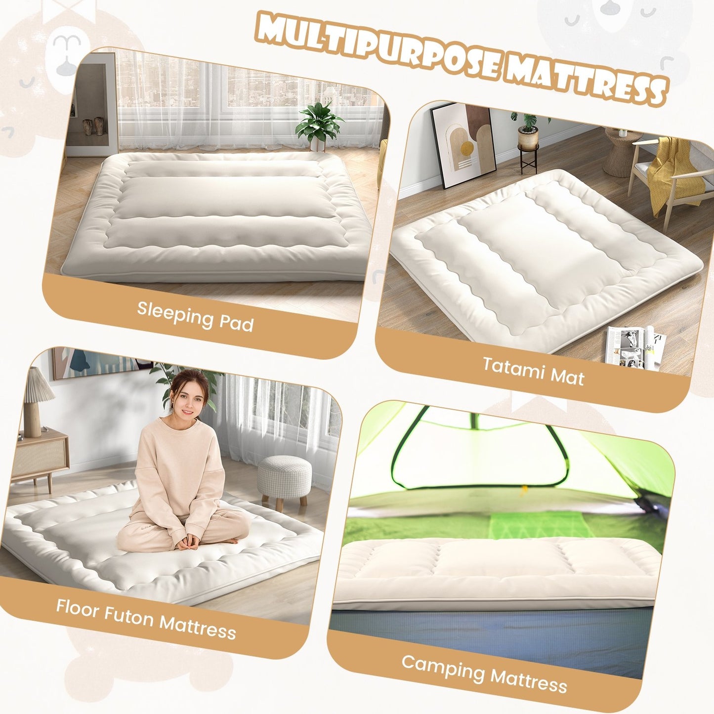 Queen/King/Twin/Full Futon Mattress Floor Sleeping Pad with Washable Cover Beige-King Size, Beige