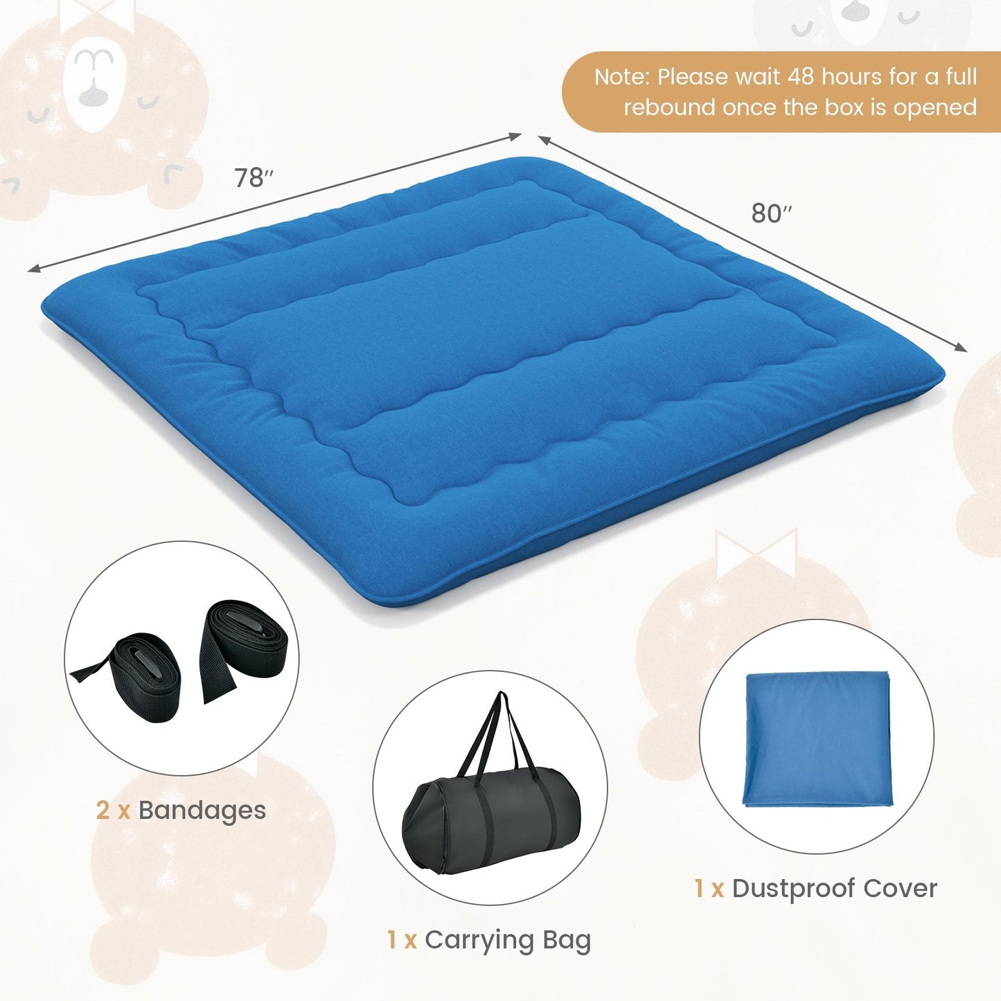 Foldable Futon Mattress with Washable Cover and Carry Bag for Camping Blue-King Size, Blue