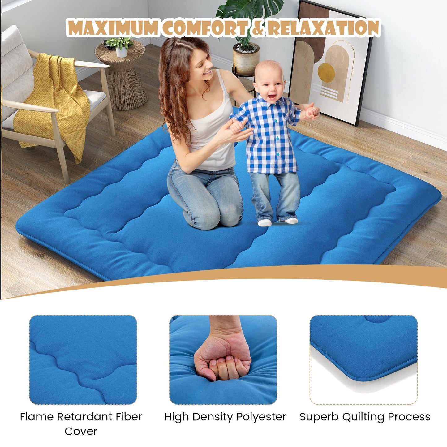 Foldable Futon Mattress with Washable Cover and Carry Bag for Camping Blue-King Size, Blue