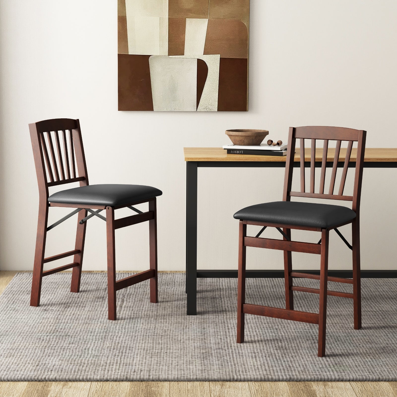 Folding Counter Height Chairs, Set of 2, Padded Seat, Brown Bar Stools at Gallery Canada