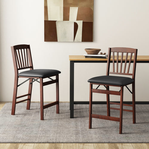Folding Counter Height Chairs, Set of 2, Padded Seat, Brown