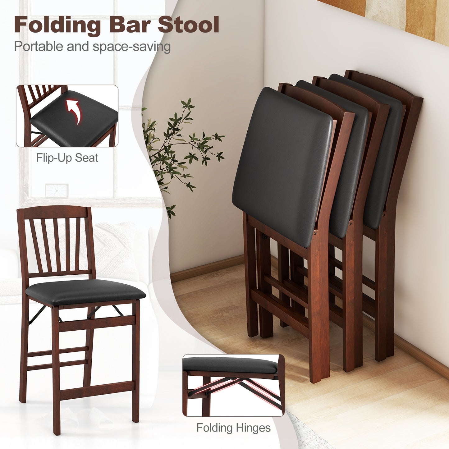 Folding Counter Height Chairs, Set of 2, Padded Seat, Brown Bar Stools at Gallery Canada