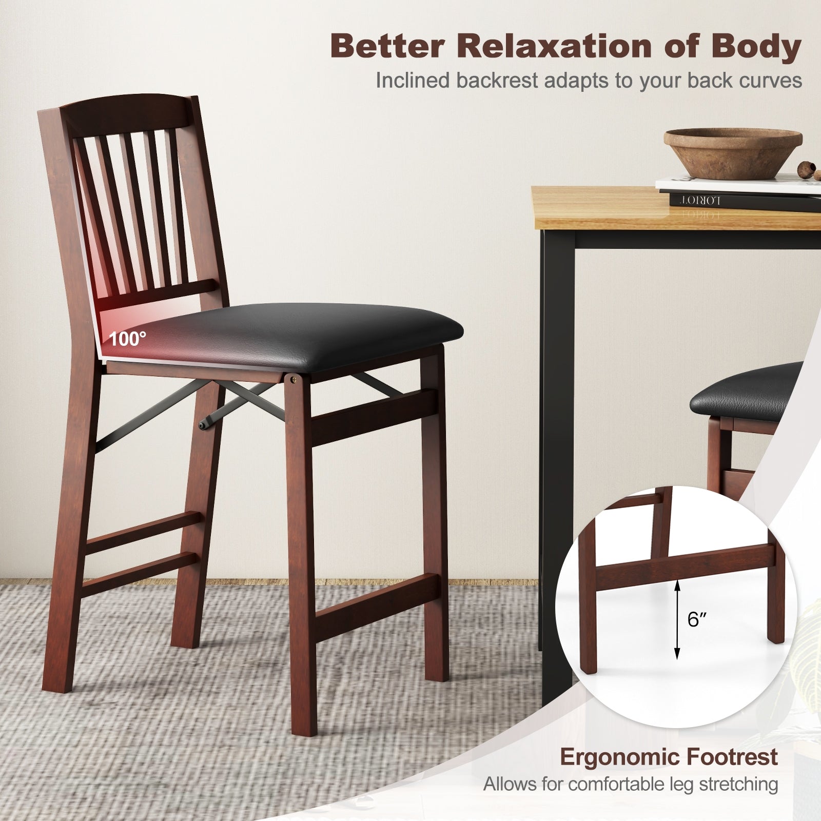 Folding Counter Height Chairs, Set of 2, Padded Seat, Brown Bar Stools at Gallery Canada