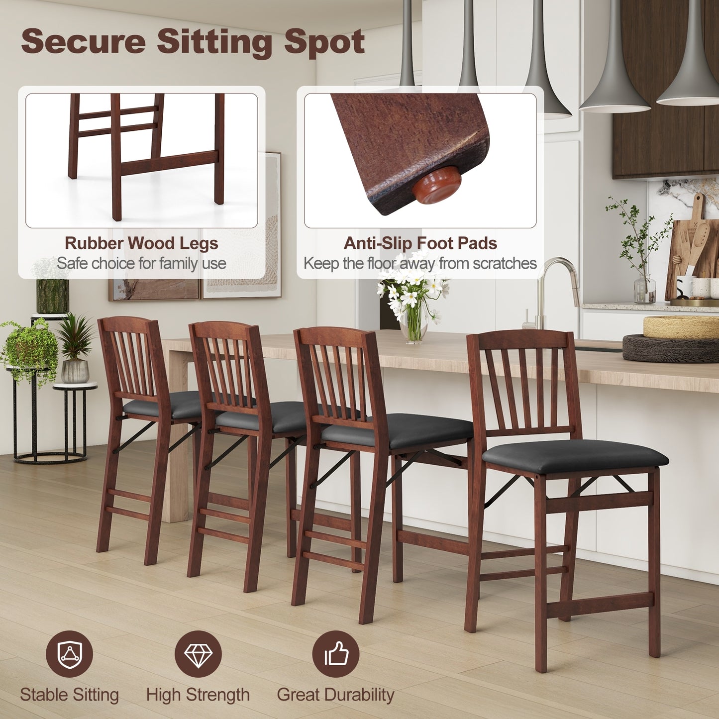 Folding Counter Height Chairs, Set of 2, Padded Seat, Brown Bar Stools at Gallery Canada