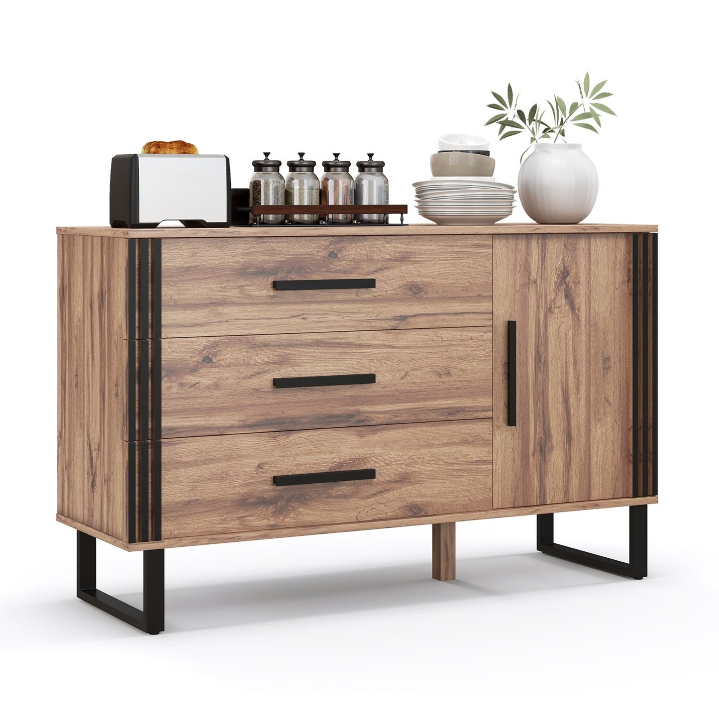Sideboard Buffet Cabinet Credenza Storage Cabinet with 3 Drawers, Rustic Brown