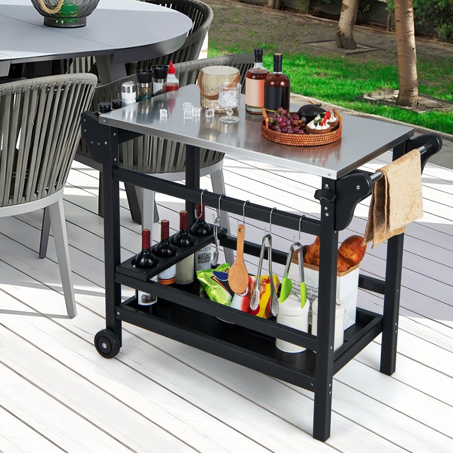 Movable Outdoor Dining Cart Table HDPE Pizza Oven Stand Table with Stainless Steel Tabletop, Black