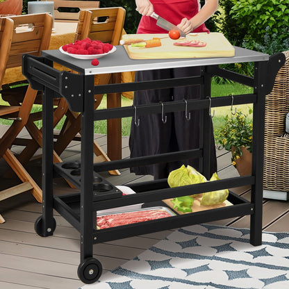 Movable Outdoor Dining Cart Table HDPE Pizza Oven Stand Table with Stainless Steel Tabletop, Black