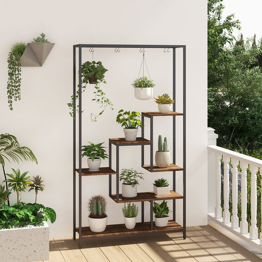 6-Tier Tall Plant Stand 71" Metal Indoor Plant Shelf with 10 Hanging Hooks, Rustic Brown - Gallery Canada
