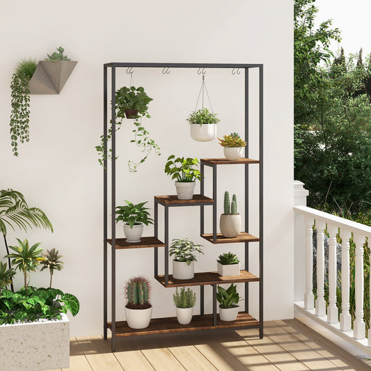 6-Tier Tall Plant Stand 71 Inch Metal Indoor Plant Shelf with 10 Hanging Hooks, Rustic Brown Plant Stands Rustic Brown at Gallery Canada