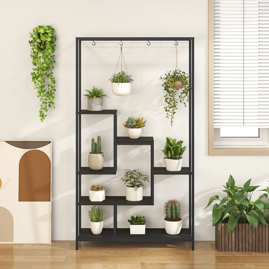 6-Tier Tall Plant Stand 71" Metal Indoor Plant Shelf with 10 Hanging Hooks, Black - Gallery Canada