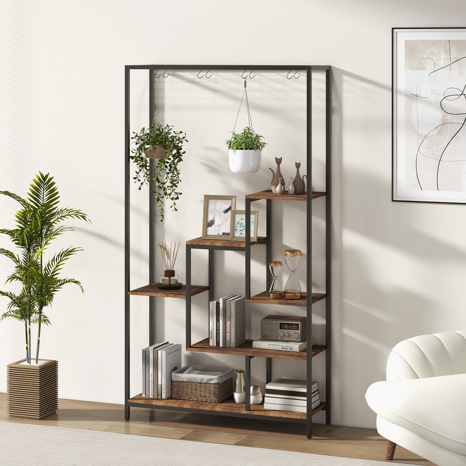 6-Tier Tall Plant Stand 71 Inch Metal Indoor Plant Shelf with 10 Hanging Hooks, Rustic Brown Plant Stands at Gallery Canada
