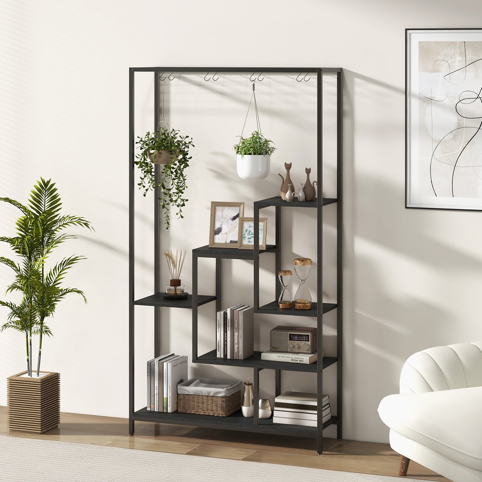 6-Tier Tall Plant Stand 71 Inch Metal Indoor Plant Shelf with 10 Hanging Hooks, Black Plant Stands at Gallery Canada