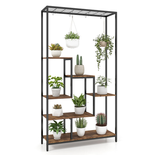 6-Tier Tall Plant Stand 71 Inch Metal Indoor Plant Shelf with 10 Hanging Hooks, Rustic Brown Plant Stands Rustic Brown at Gallery Canada