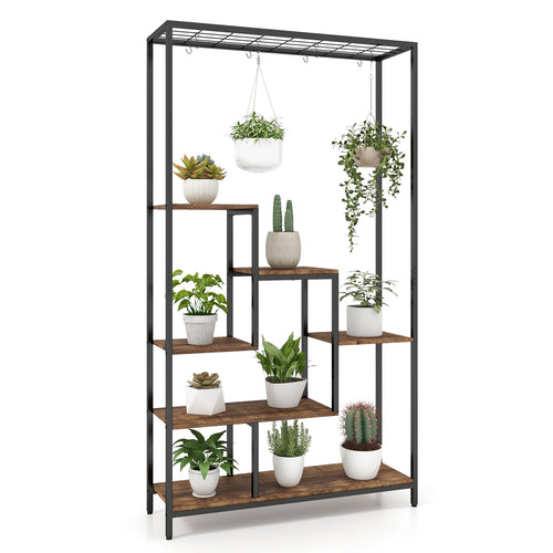 6-Tier Tall Plant Stand 71 Inch Metal Indoor Plant Shelf with 10 Hanging Hooks, Rustic Brown