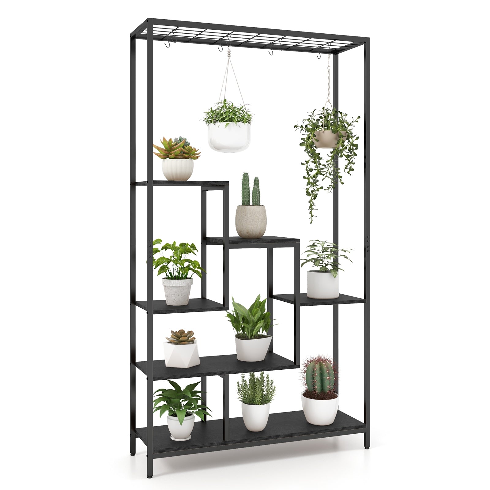 6-Tier Tall Plant Stand 71 Inch Metal Indoor Plant Shelf with 10 Hanging Hooks, Black Plant Stands at Gallery Canada