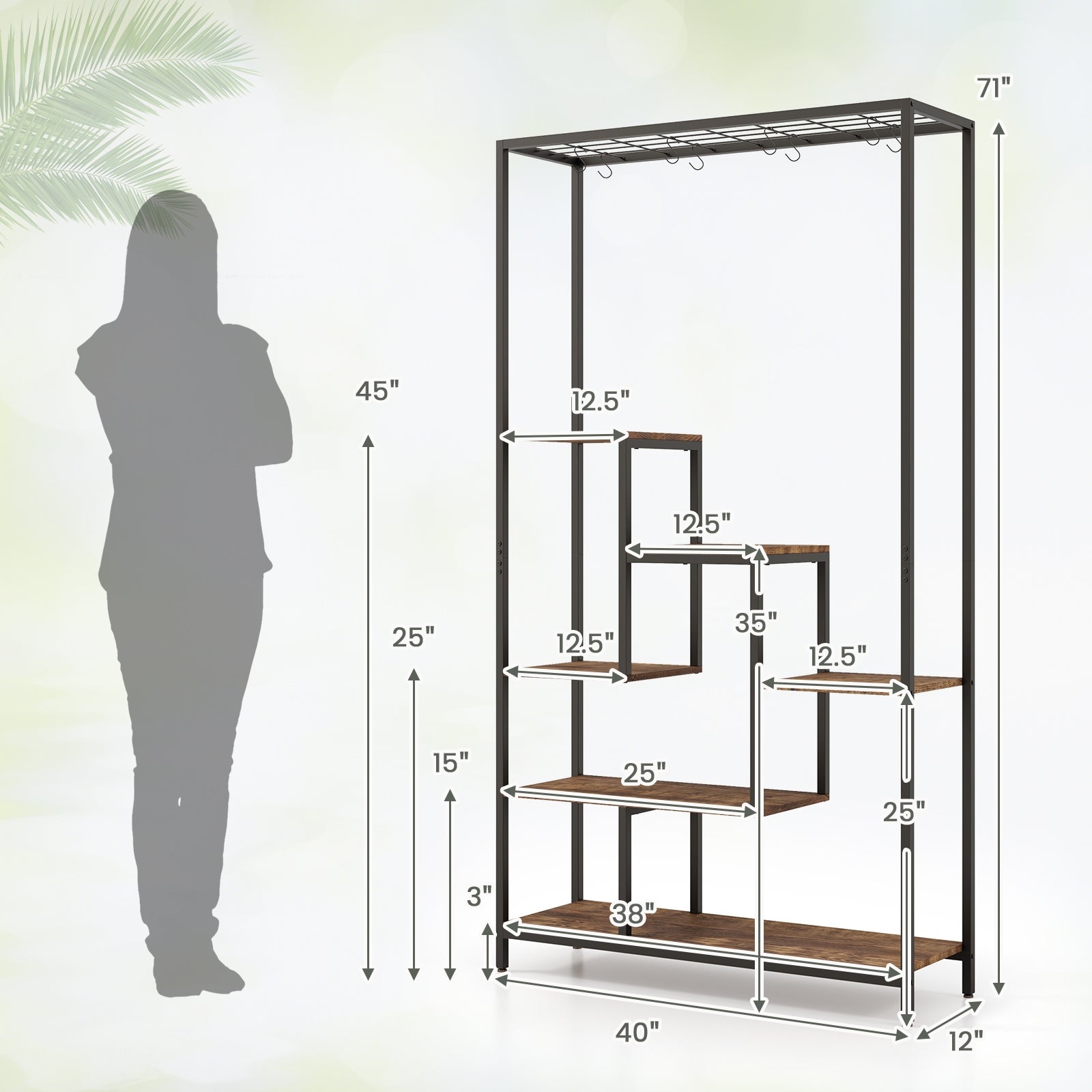 6-Tier Tall Plant Stand 71 Inch Metal Indoor Plant Shelf with 10 Hanging Hooks, Rustic Brown Plant Stands at Gallery Canada