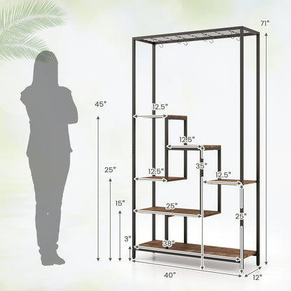 6-Tier Tall Plant Stand 71 Inch Metal Indoor Plant Shelf with 10 Hanging Hooks, Rustic Brown Plant Stands at Gallery Canada