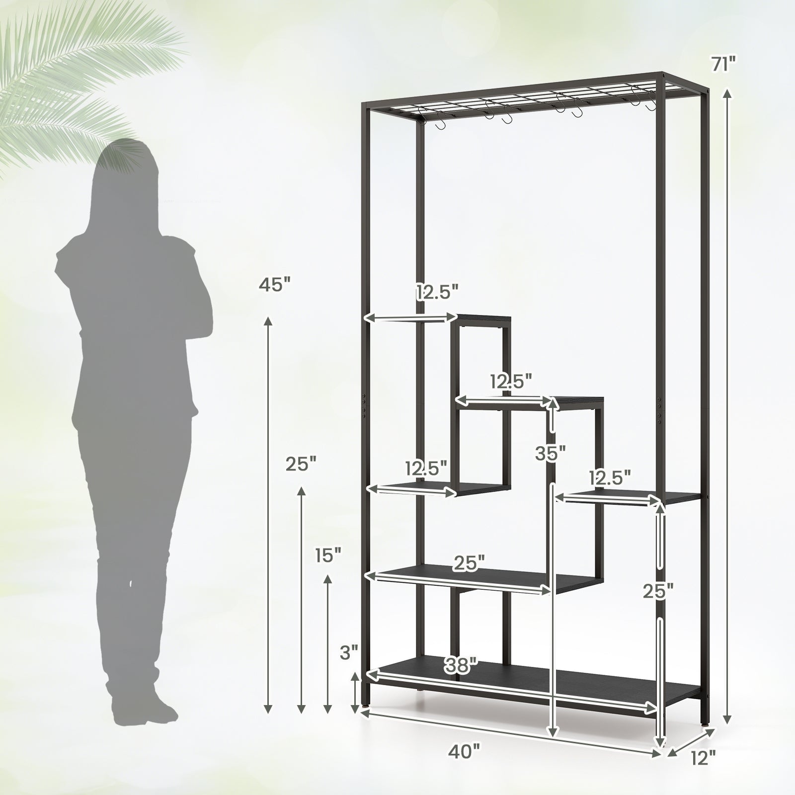 6-Tier Tall Plant Stand 71 Inch Metal Indoor Plant Shelf with 10 Hanging Hooks, Black Plant Stands at Gallery Canada