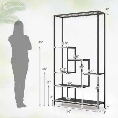 6-Tier Tall Plant Stand 71" Metal Indoor Plant Shelf with 10 Hanging Hooks, Black