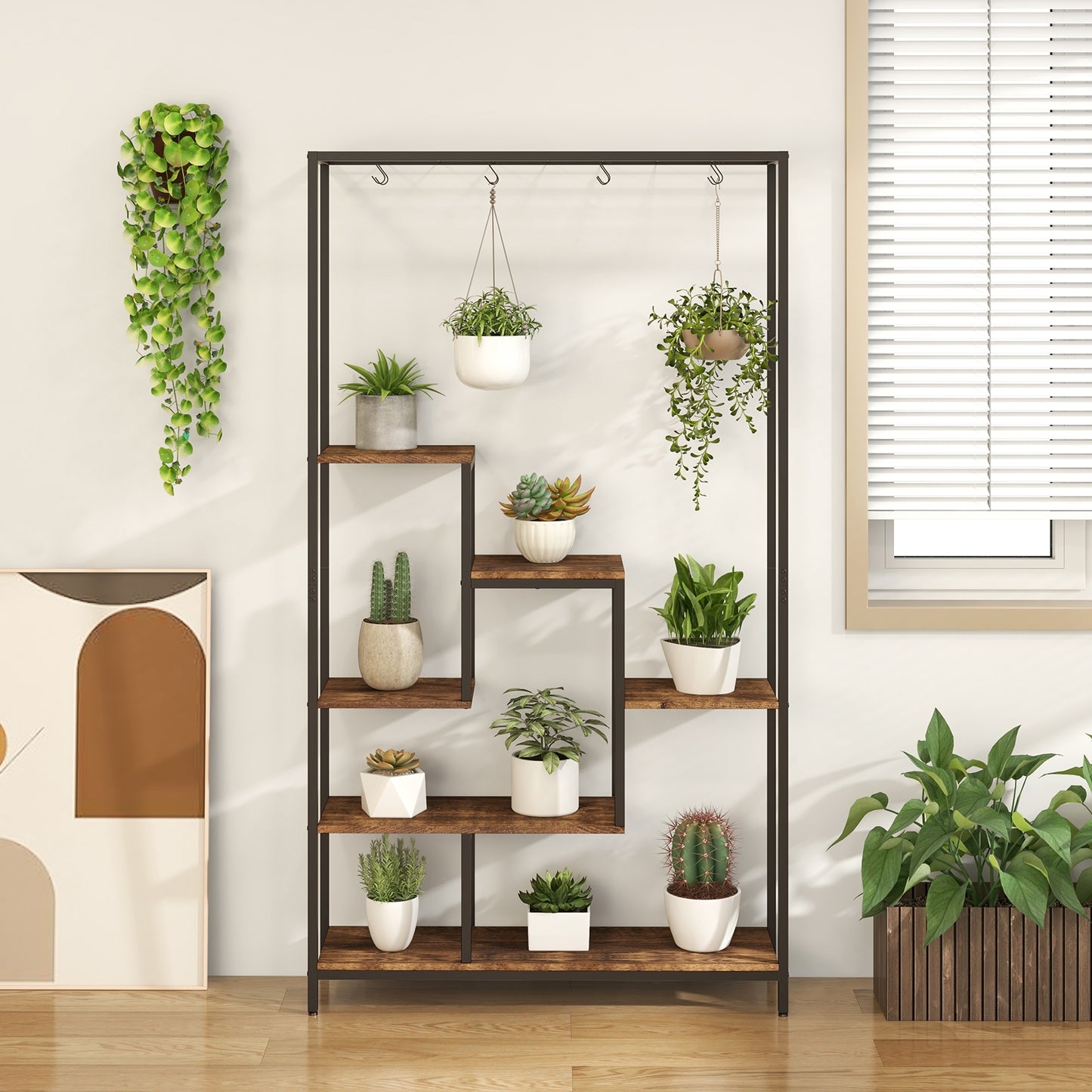 6-Tier Tall Plant Stand 71 Inch Metal Indoor Plant Shelf with 10 Hanging Hooks, Rustic Brown Plant Stands at Gallery Canada