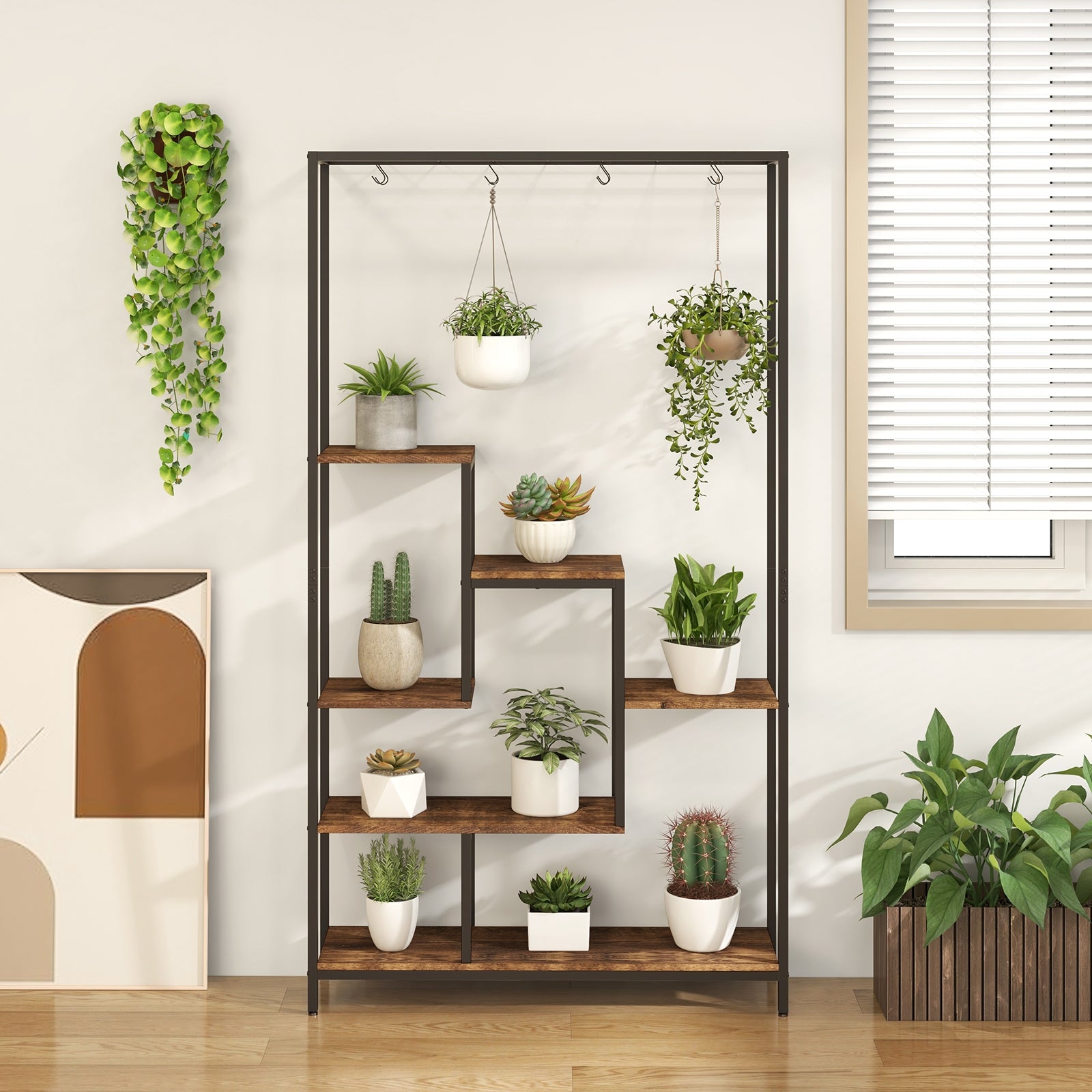 6-Tier Tall Plant Stand 71 Inch Metal Indoor Plant Shelf with 10 Hanging Hooks, Rustic Brown Plant Stands at Gallery Canada