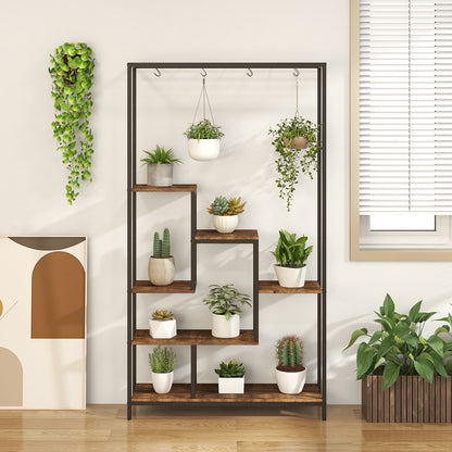 6-Tier Tall Plant Stand 71 Inch Metal Indoor Plant Shelf with 10 Hanging Hooks, Rustic Brown Plant Stands at Gallery Canada