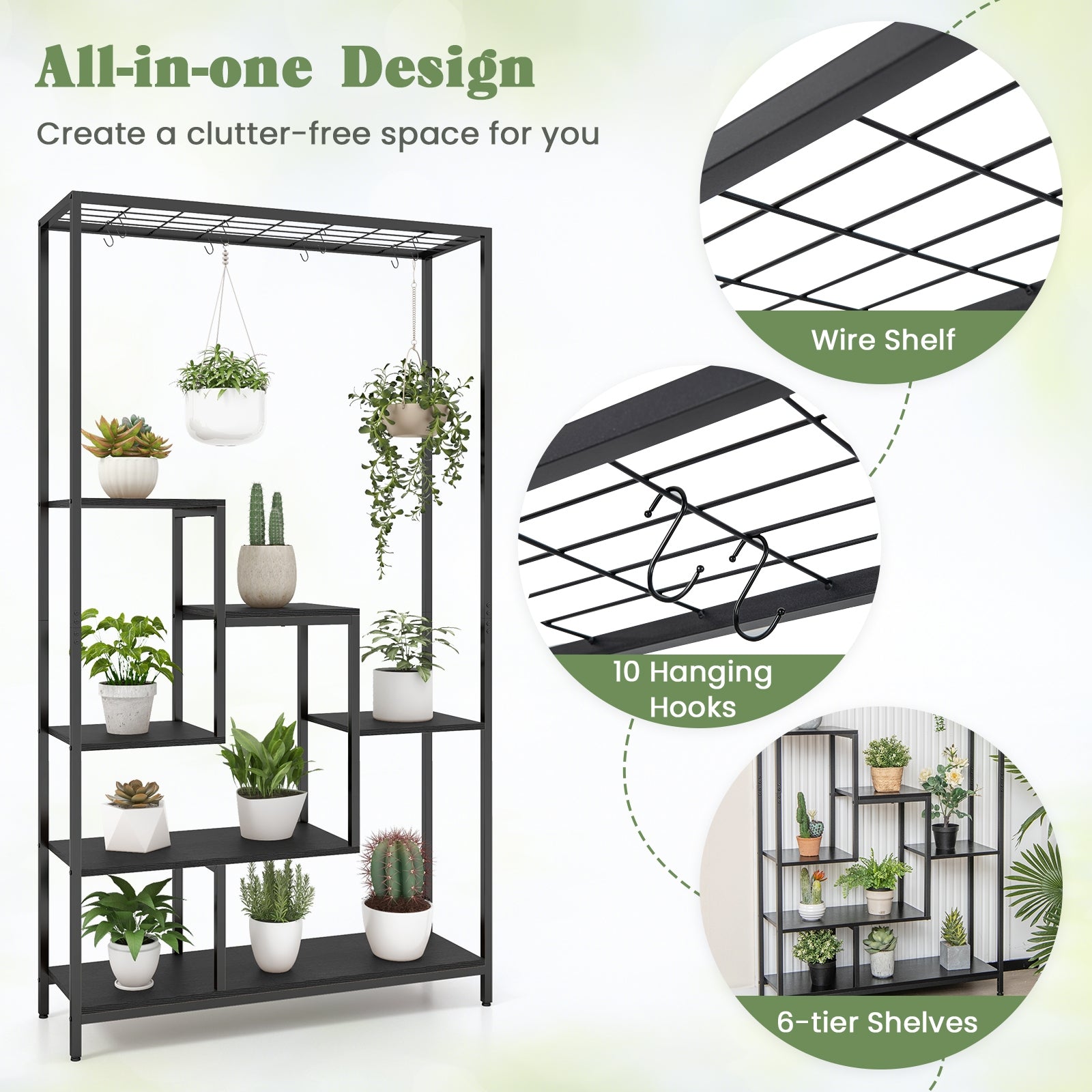 6-Tier Tall Plant Stand 71 Inch Metal Indoor Plant Shelf with 10 Hanging Hooks, Black Plant Stands at Gallery Canada