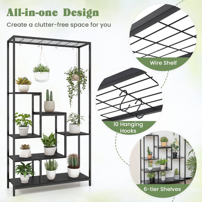 6-Tier Tall Plant Stand 71 Inch Metal Indoor Plant Shelf with 10 Hanging Hooks, Black Plant Stands at Gallery Canada