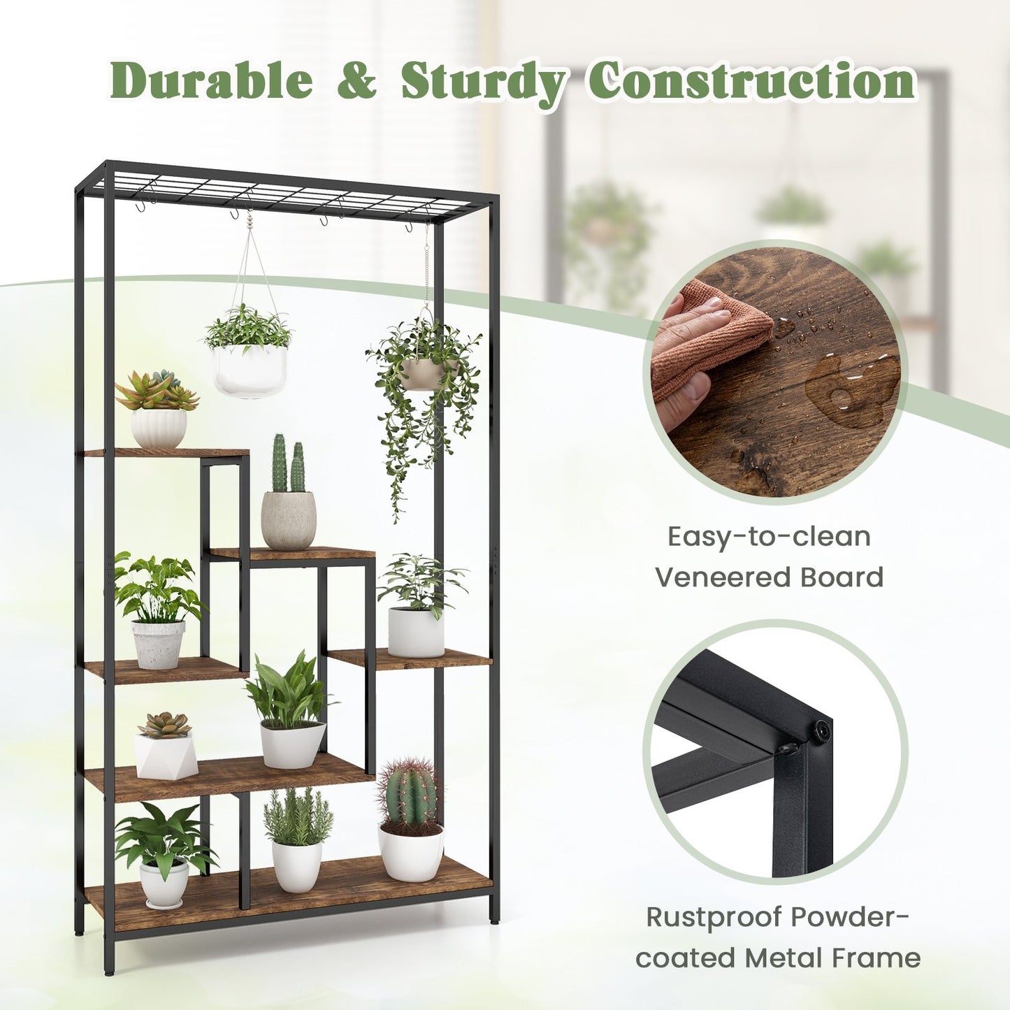 6-Tier Tall Plant Stand 71" Metal Indoor Plant Shelf with 10 Hanging Hooks, Rustic Brown