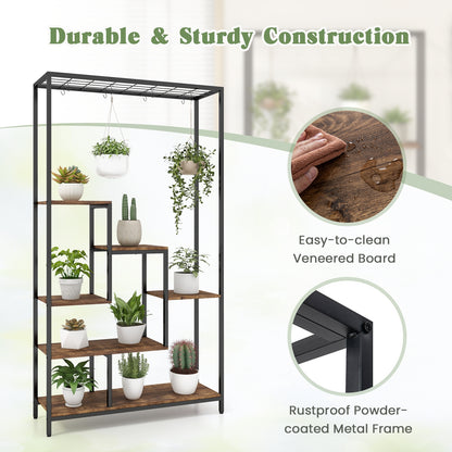 6-Tier Tall Plant Stand 71 Inch Metal Indoor Plant Shelf with 10 Hanging Hooks, Rustic Brown Plant Stands at Gallery Canada