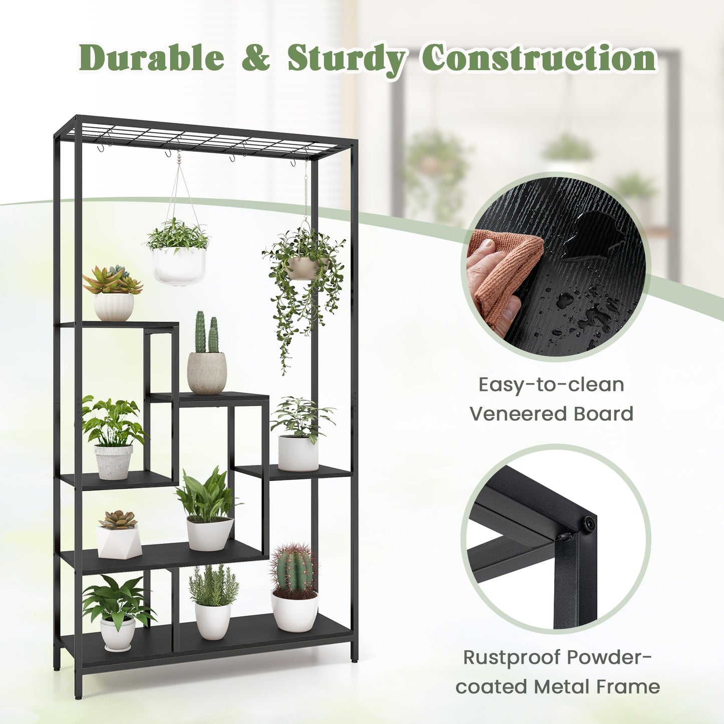 6-Tier Tall Plant Stand 71 Inch Metal Indoor Plant Shelf with 10 Hanging Hooks, Black Plant Stands at Gallery Canada