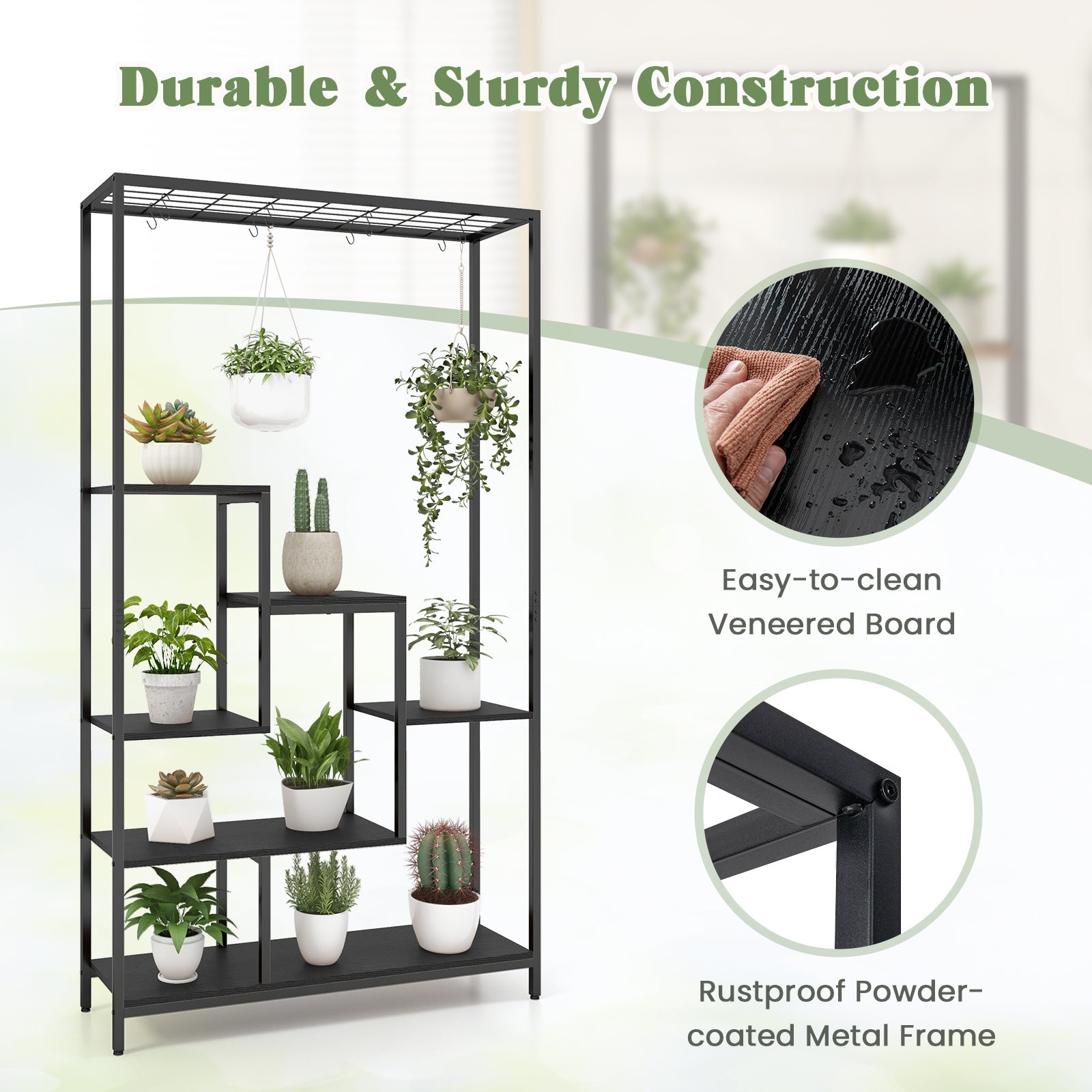 6-Tier Tall Plant Stand 71 Inch Metal Indoor Plant Shelf with 10 Hanging Hooks, Black Plant Stands at Gallery Canada