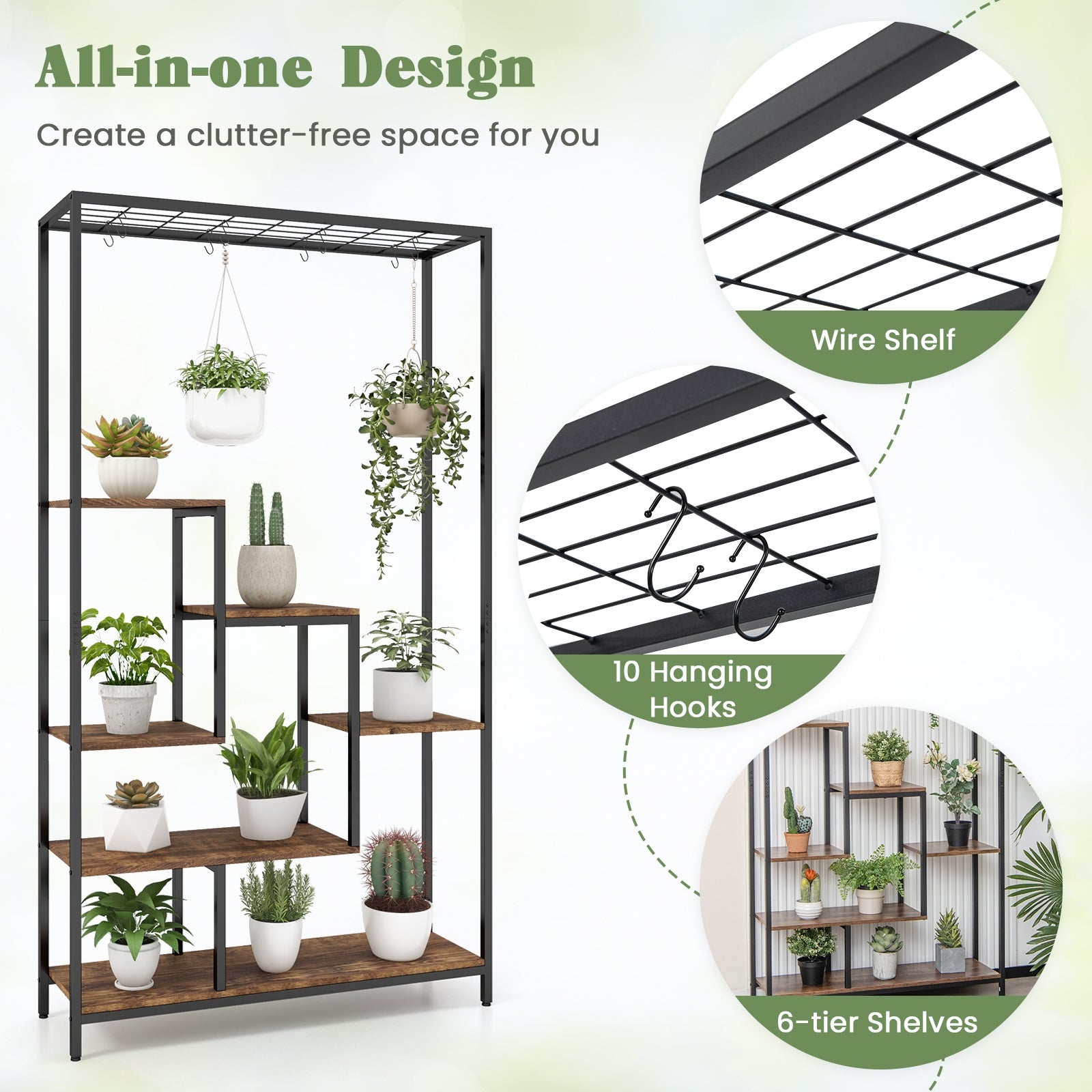 6-Tier Tall Plant Stand 71 Inch Metal Indoor Plant Shelf with 10 Hanging Hooks, Rustic Brown Plant Stands at Gallery Canada