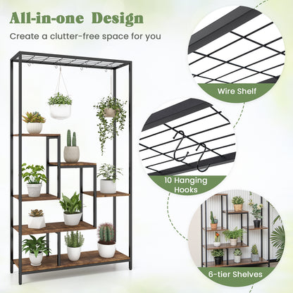 6-Tier Tall Plant Stand 71 Inch Metal Indoor Plant Shelf with 10 Hanging Hooks, Rustic Brown Plant Stands at Gallery Canada