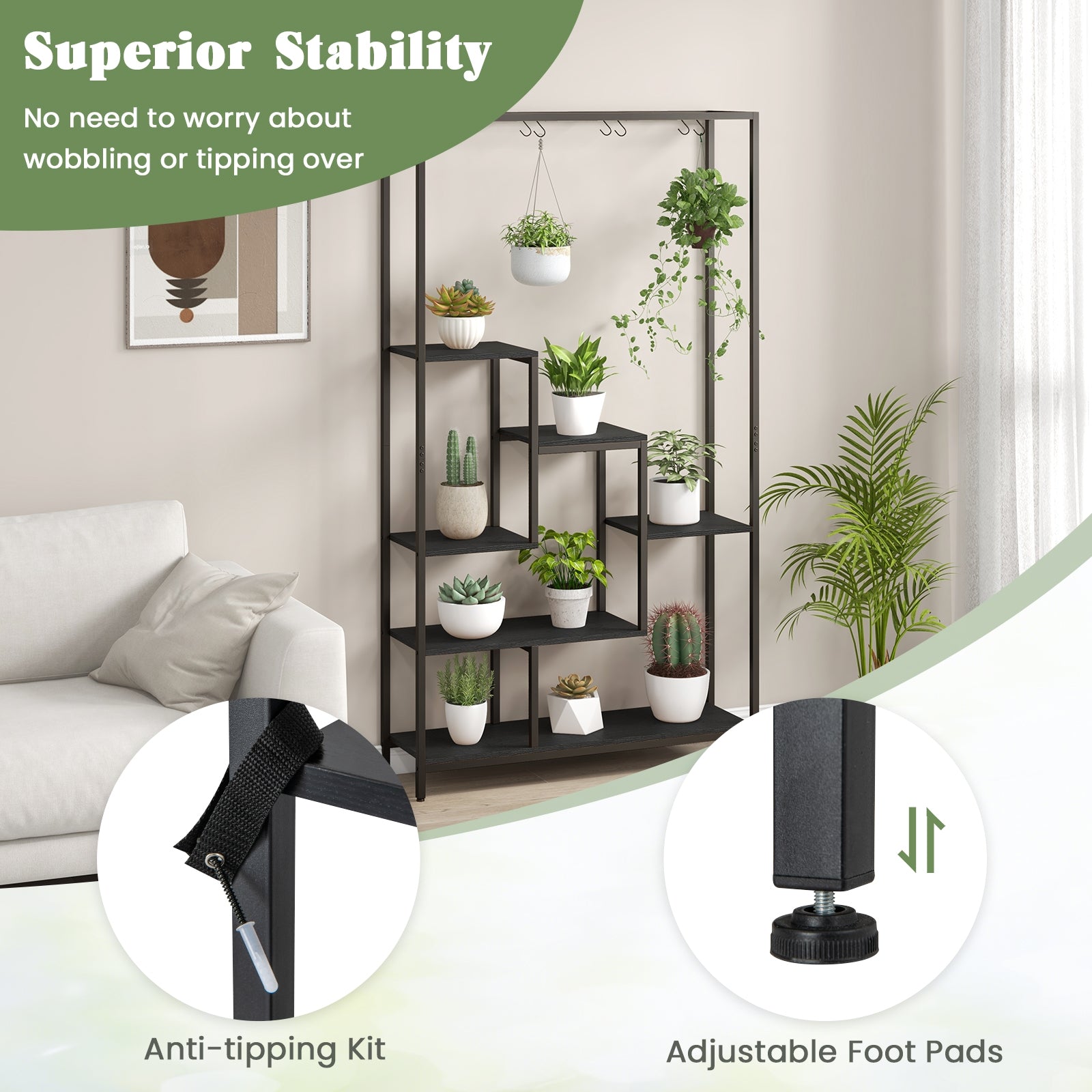 6-Tier Tall Plant Stand 71 Inch Metal Indoor Plant Shelf with 10 Hanging Hooks, Black Plant Stands at Gallery Canada