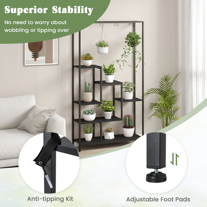 6-Tier Tall Plant Stand 71 Inch Metal Indoor Plant Shelf with 10 Hanging Hooks, Black Plant Stands at Gallery Canada